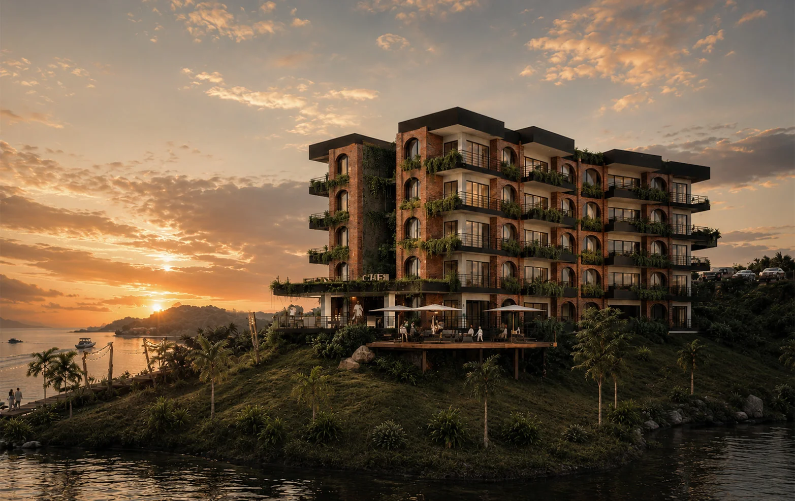 Cabo San Miguel al atardecer, edificio de vivienda frente al embalse en Guatapé