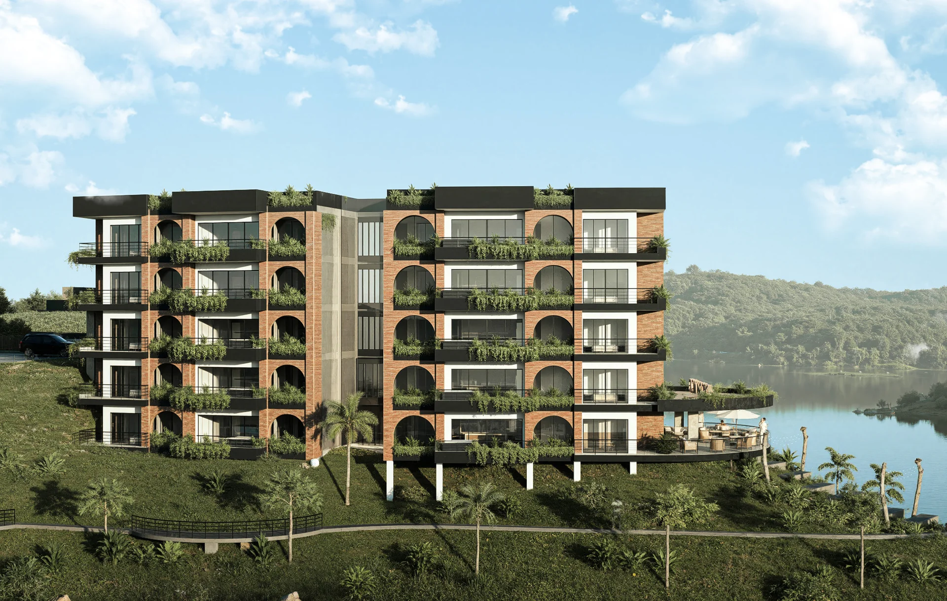 Cabo San Miguel, edificio de vivienda junto al embalse de Guatapé, con diseño de fachada, modelado y visualización comercial realizados por Rizzoma