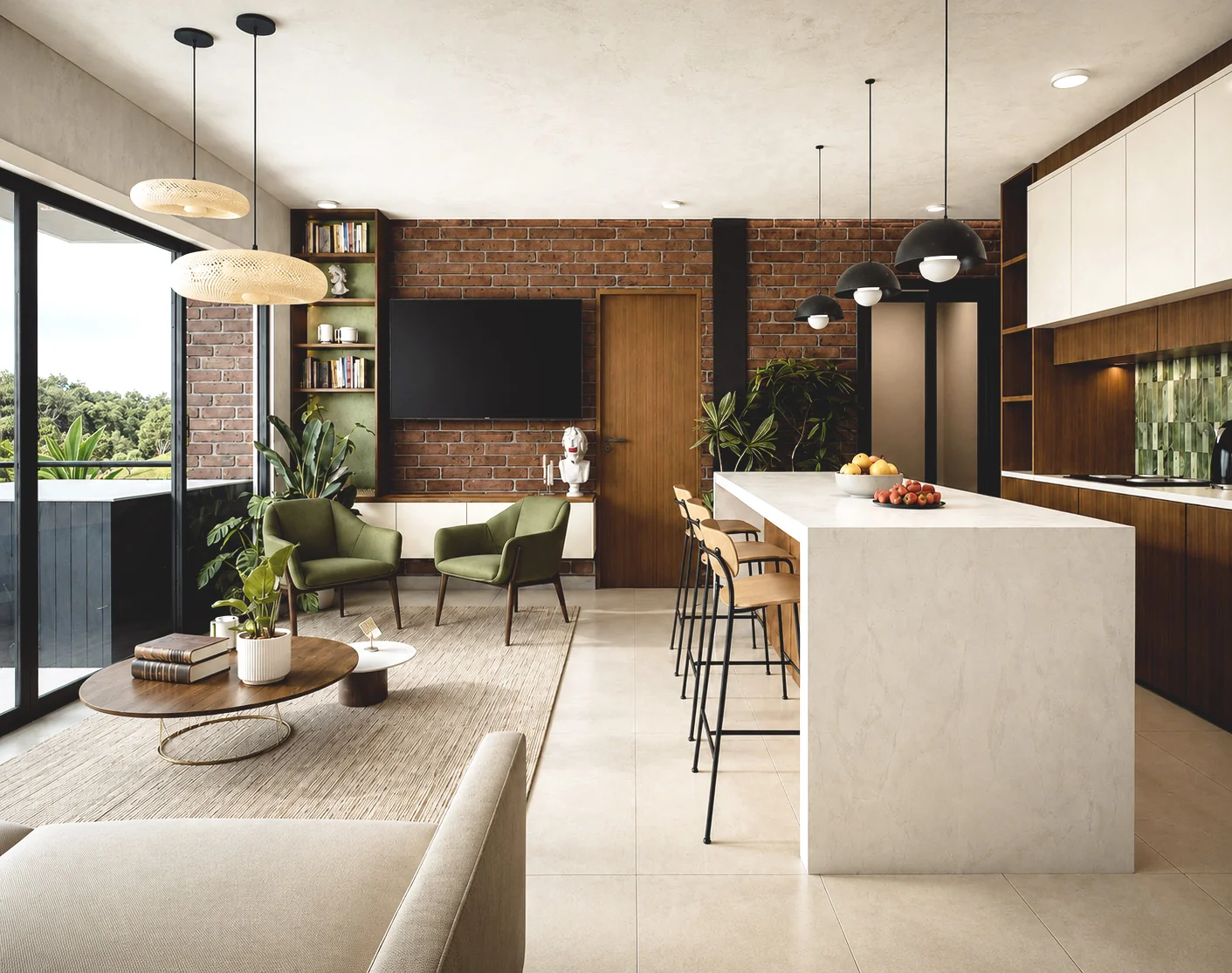 Interior del edificio con cocina y sala abiertas, materiales cálidos y luz natural