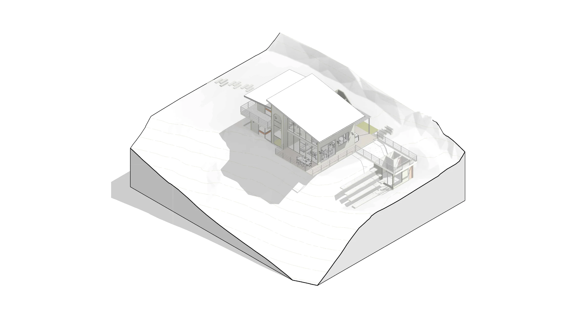 Modelo tridimensional blanco de la vivienda sobre su terreno, con la cubierta y los accesos