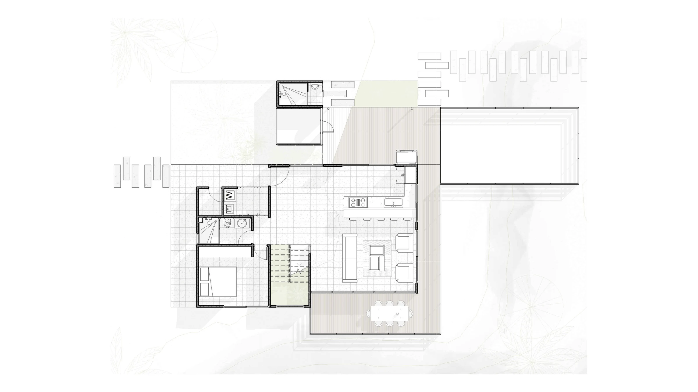 Planta arquitectónica en blanco y gris que muestra la distribución espacial de la vivienda