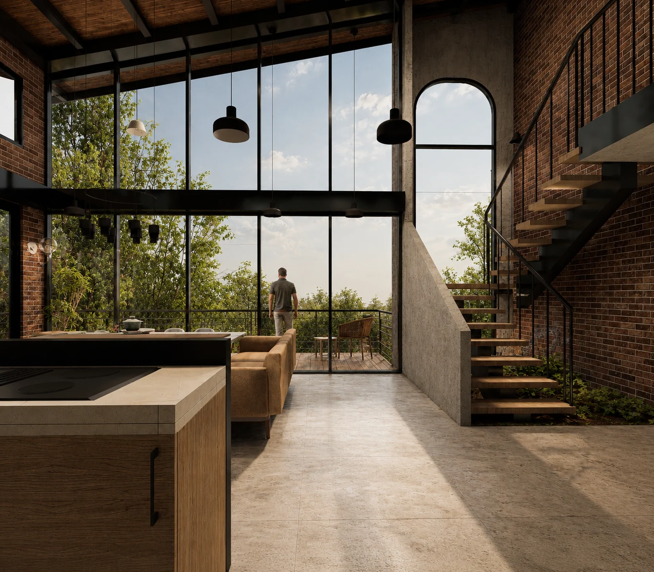 Cocina con isla en primer plano, escalera de peldaños abiertos y ventanales de doble altura
