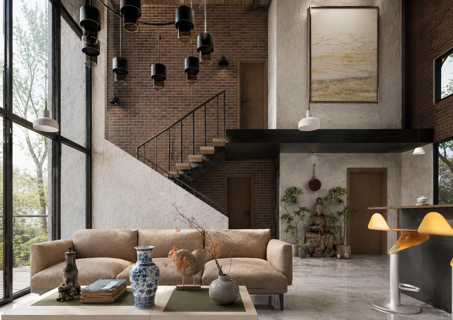Sala residencial de doble altura con escalera interior, sofá claro, ventanas y detalles de ladrillo
