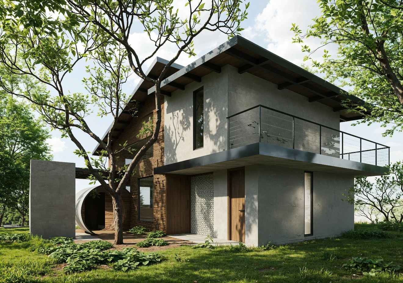 Perspectiva exterior de una vivienda de dos niveles con cubierta inclinada y árboles alrededor