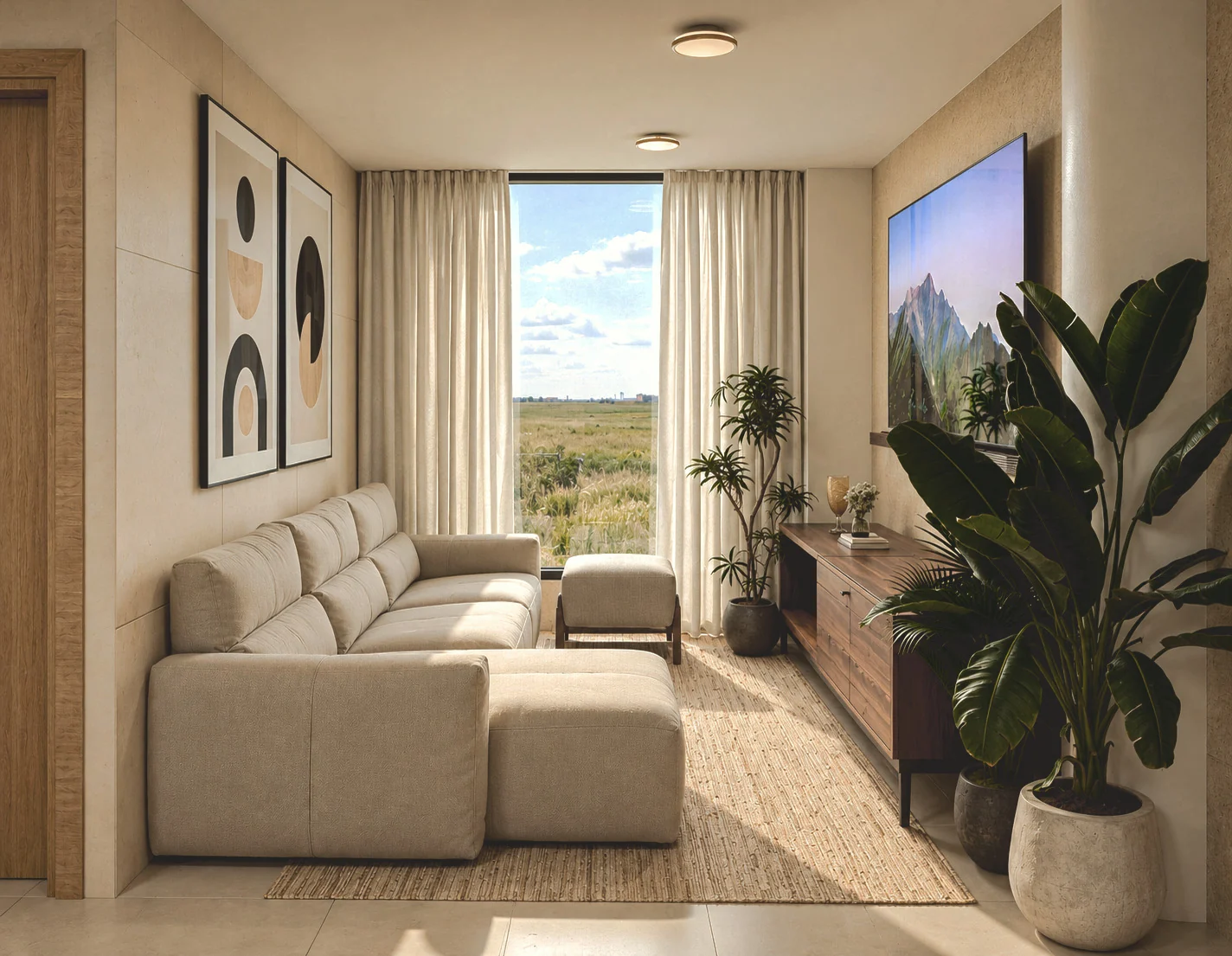 Sala luminosa con sofá claro, muebles bajos y ventanal hacia el paisaje