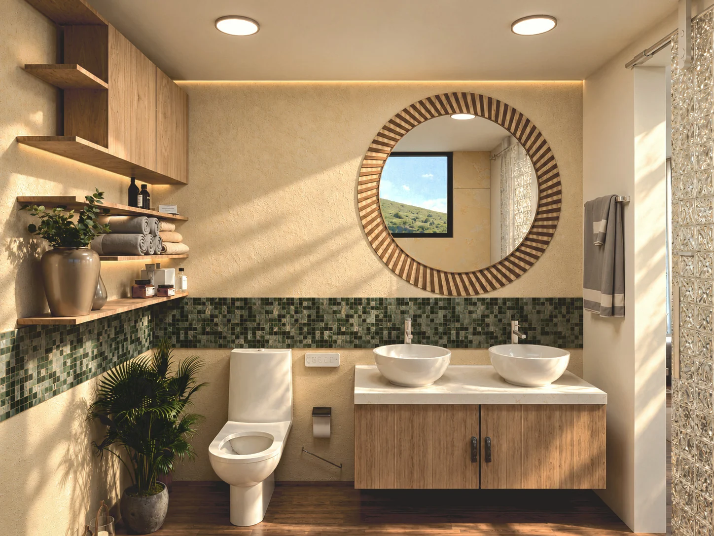 Baño con mosaicos verdes, espejo circular, mueble de madera y luz cálida