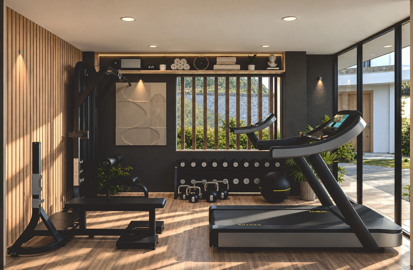 Gimnasio residencial con caminadora, pesas, madera y entrada de luz natural