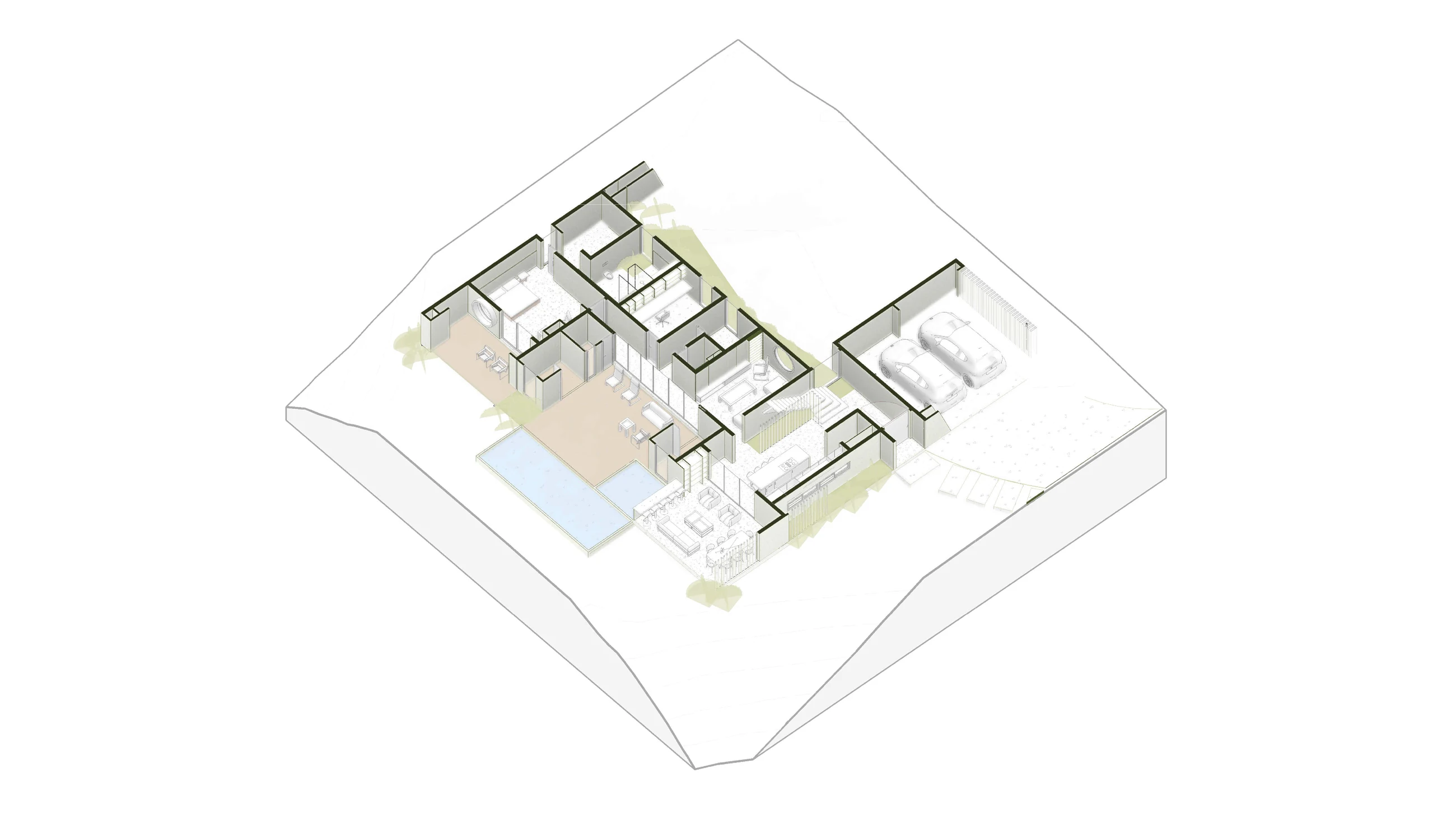 Vista axonométrica de Casa Oquedad con distribución interior y espacios abiertos