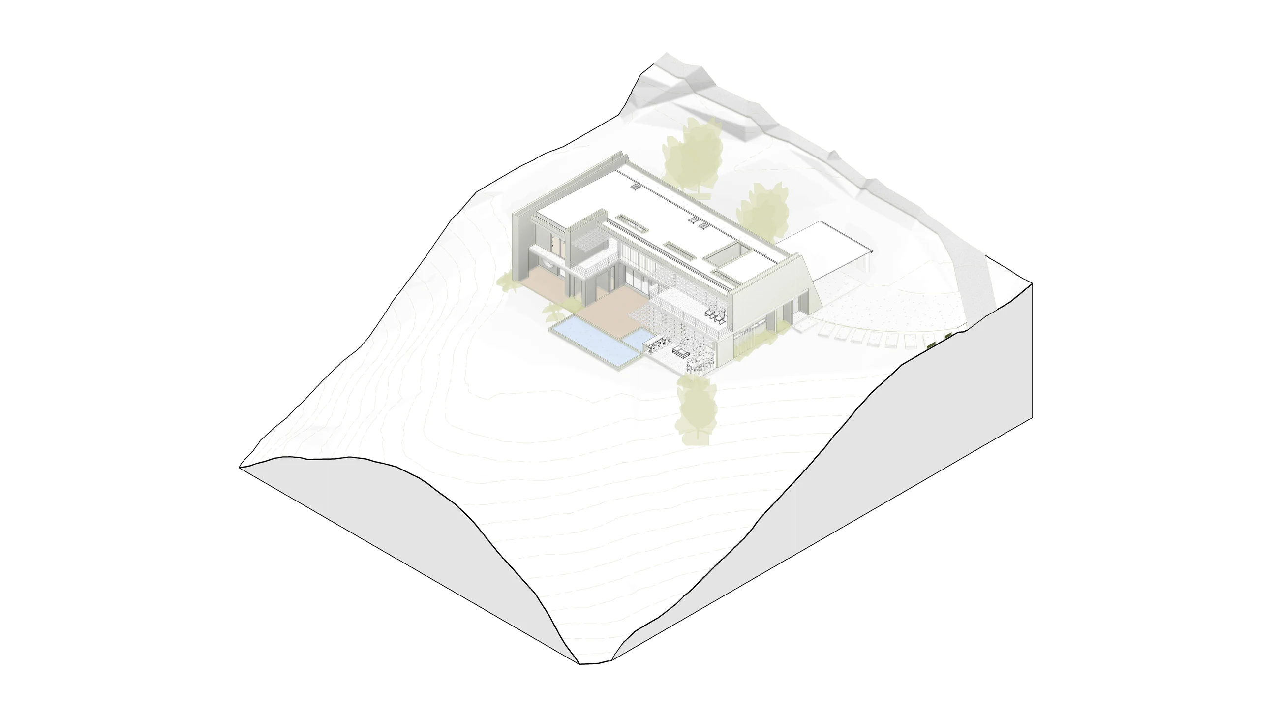 Modelo axonométrico blanco de una vivienda sobre una plataforma de terreno