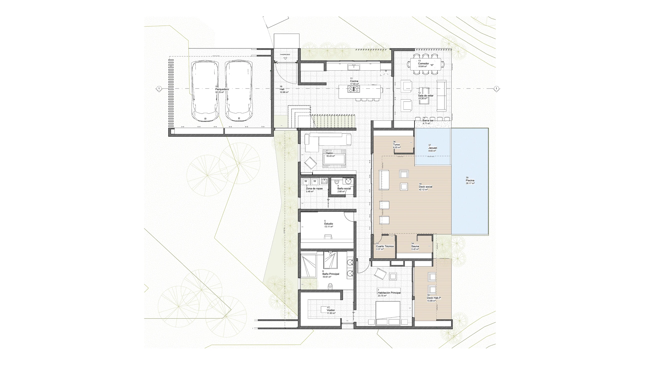 Planta arquitectónica de la vivienda con distribución de ambientes y espacios exteriores