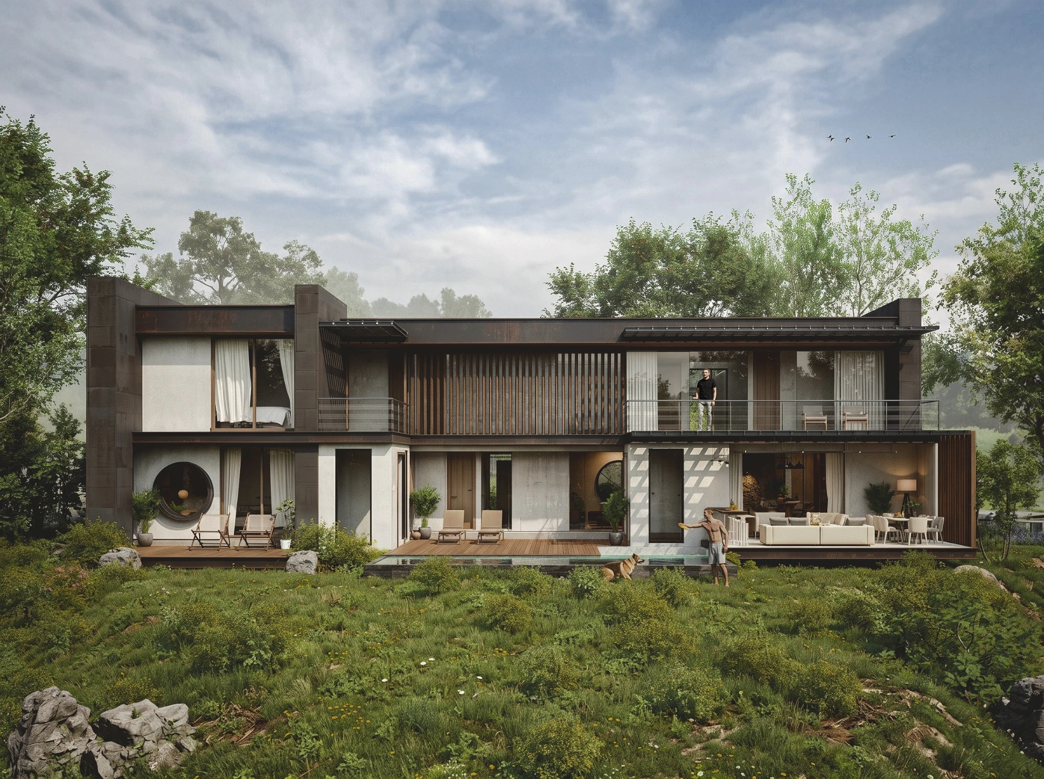 Vista frontal diurna de Casa Oquedad, vivienda de dos niveles con celosías de madera, ventanales, jardín y cielo azul