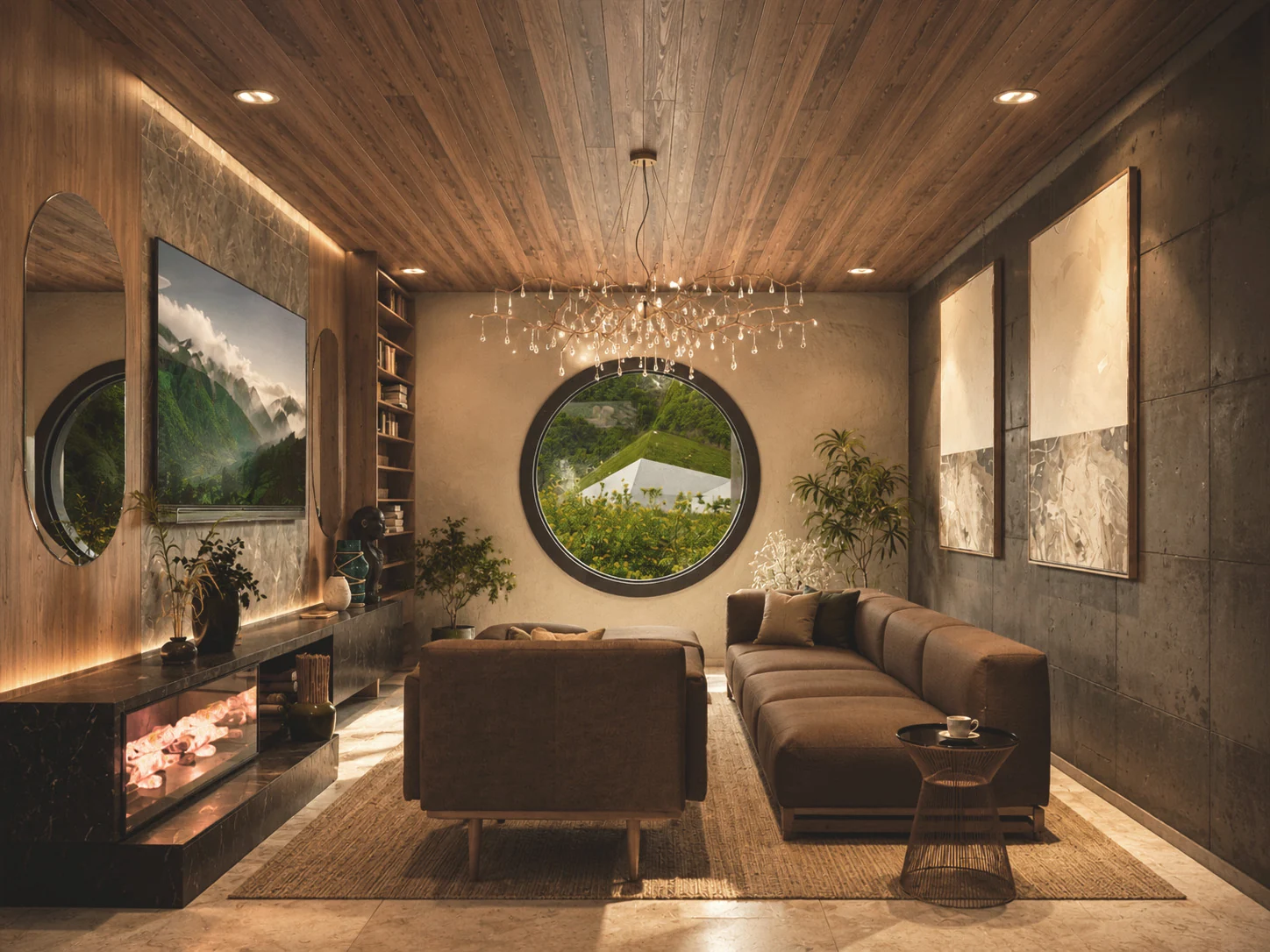 Sala con acabados de madera, chimenea, sofás y una ventana circular hacia la vegetación