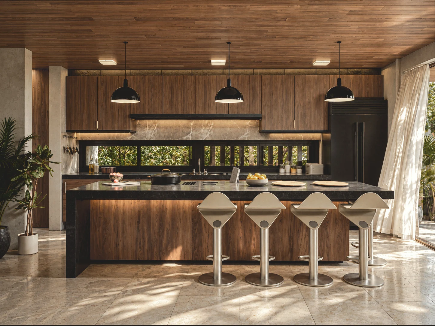 Cocina con isla central, sillas claras, carpintería de madera y una ventana hacia el exterior