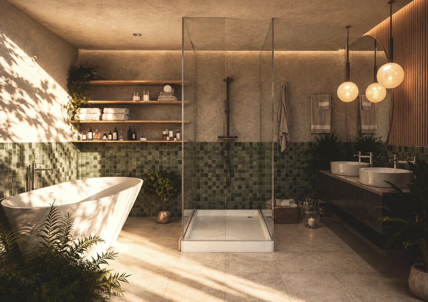 Baño con bañera blanca, vegetación, ducha acristalada y luz natural proyectada sobre los acabados