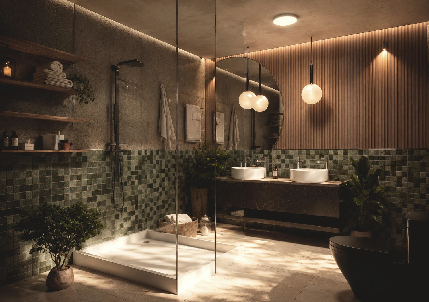 Baño con mueble de madera, espejos y revestimiento de mosaicos verdes oscuros