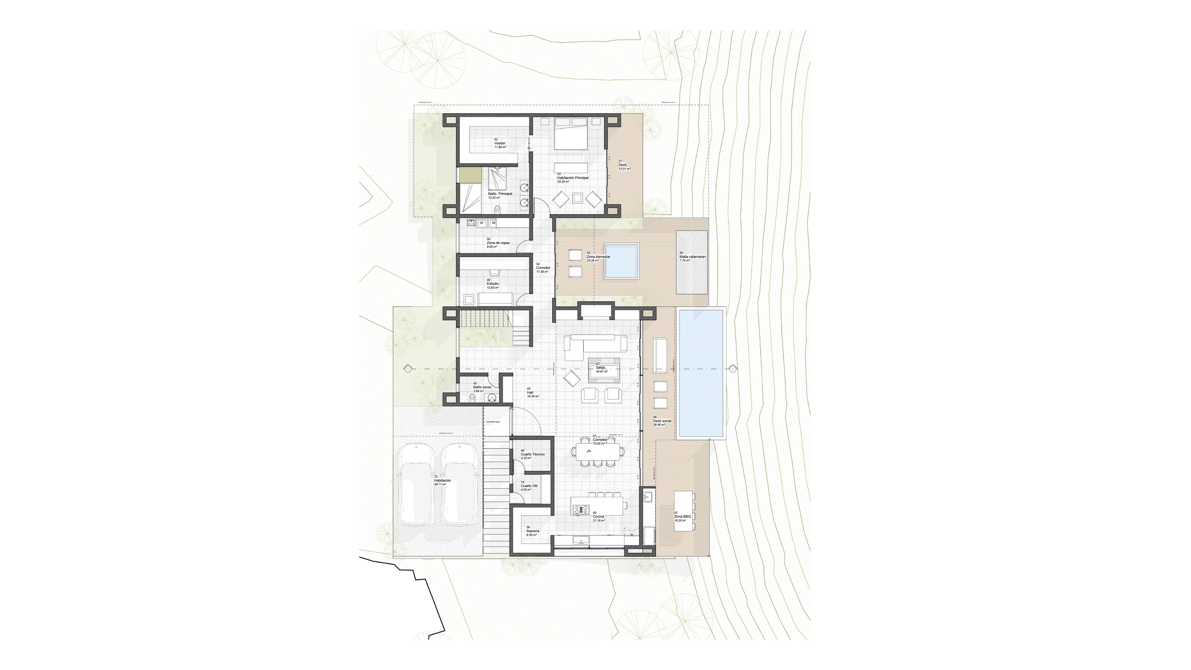 Planta arquitectónica de Casa Patio Horizonte con la distribución de espacios y los contornos del terreno