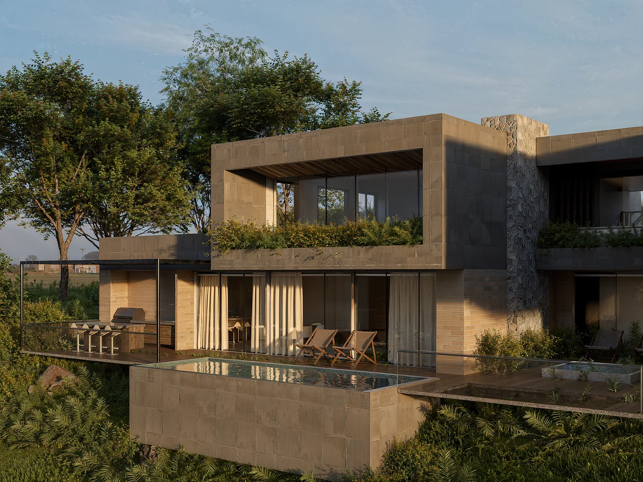 Vista cercana de la fachada de Casa Patio Horizonte con materiales naturales y vegetación