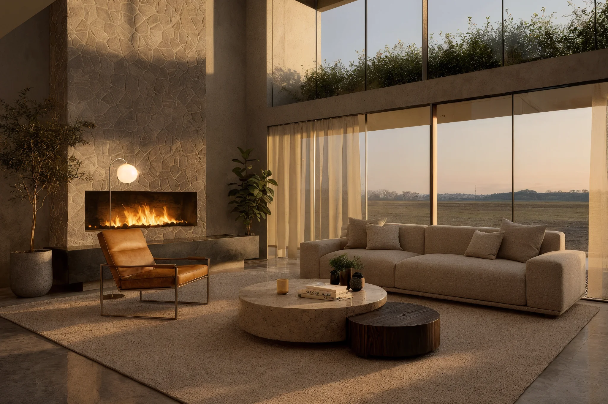 Sala de Casa Patio Horizonte con chimenea, madera, ventanales y luz cálida