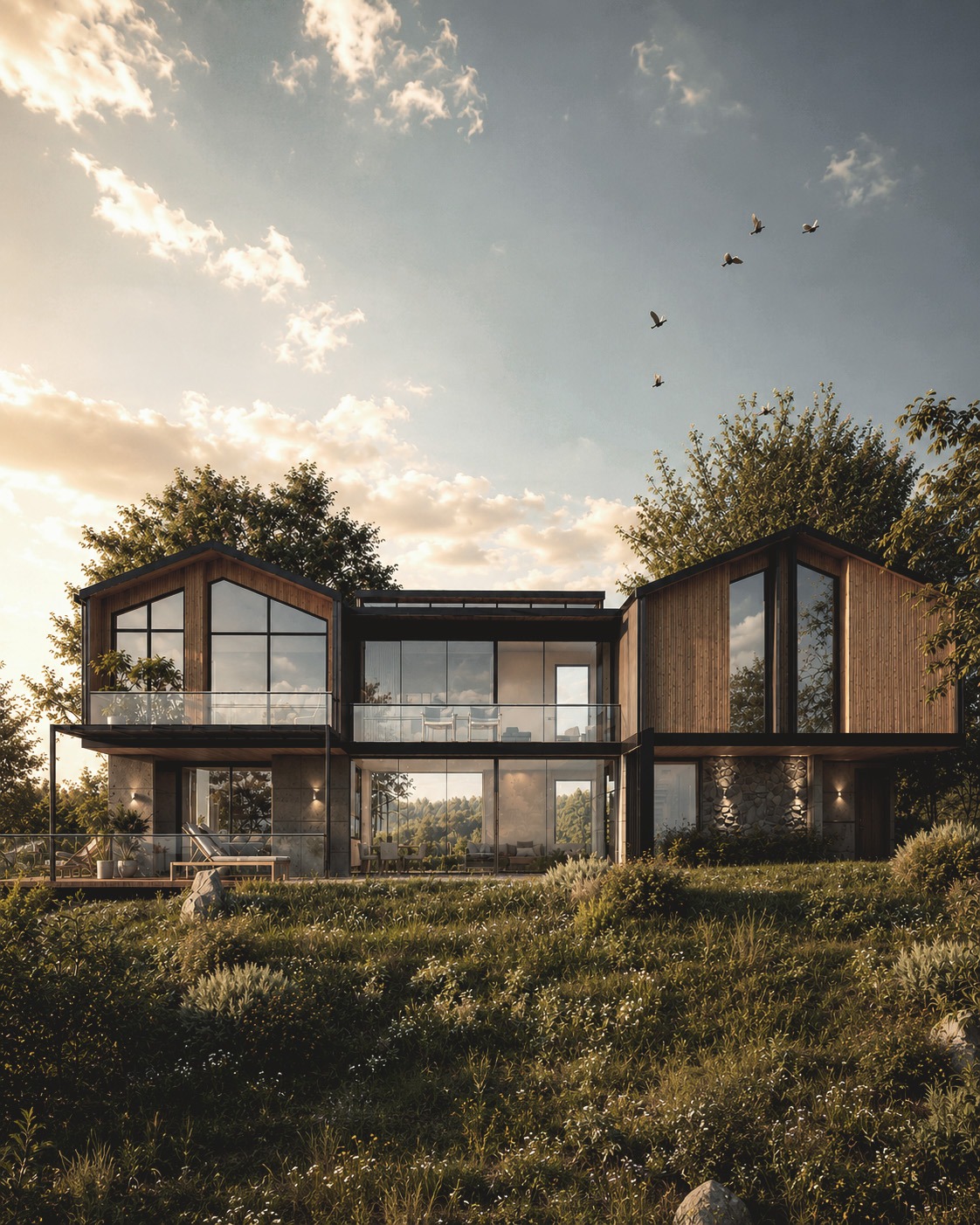 Visualización exterior de casa contemporánea con fachadas de madera y vidrio, rodeada de vegetación al atardecer